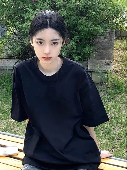 Cyan 400g Heavyweight Cotton Short-sleeved T-shirt Summer Small Neckline Loose Thick Impermeable Men and Women Tees