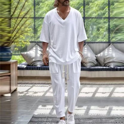 Summer Casual Trousers Set Cotton Linen 2 Piece Men's V-neck Short Sleeve T-shirt and Pants Hawaiian Beach Cotton and linen Set
