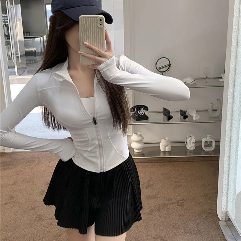 2026 Summer Slim Fit Long Sleeve T Shirt Women Wild Zipper Up Waist Slimming Yoga Tshirt Woman Tight UV Protection Crop Tops