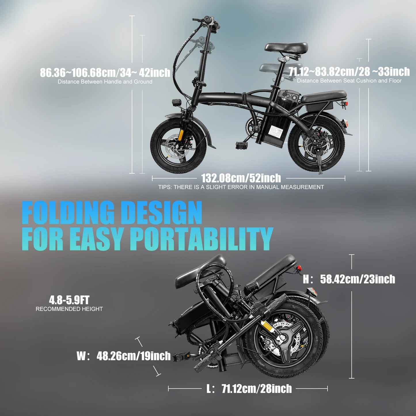 T5 Lightweight Folding Electric Bike for Adults 48V 750W Peak Power 20MPH 18-22 Miles Range 14Inch Disc Brake Commuter E-bike