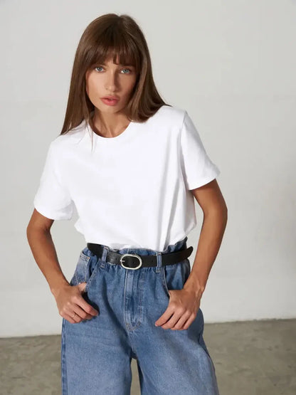 Cotton Womens T-Shirt - Summer Short Sleeve Loose Basic Top