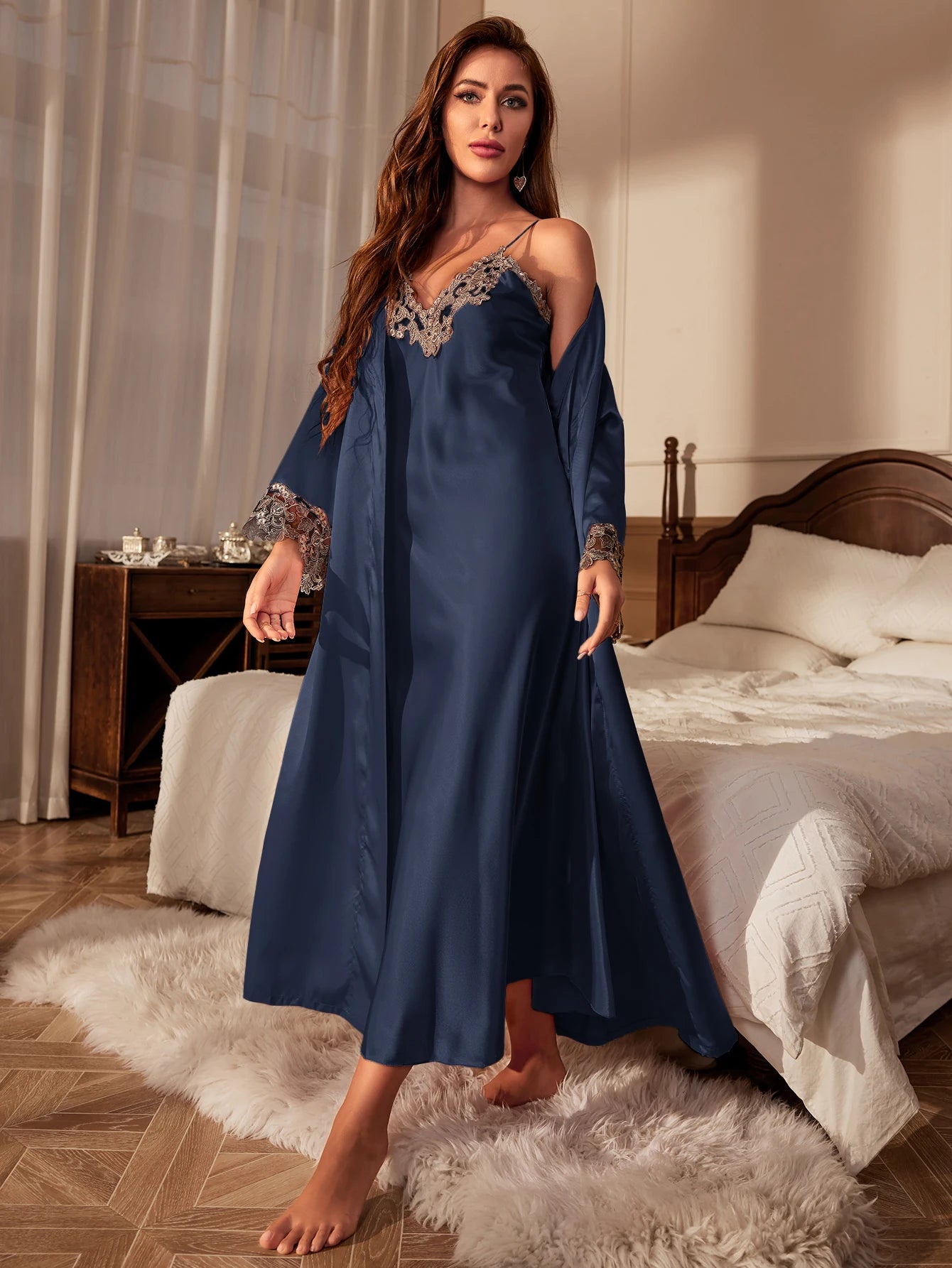 Contrast Lace Pajama Set Long Sleeve Robe With Belt  V Neck Slip Dress Women's Sleepwear  Loungewear