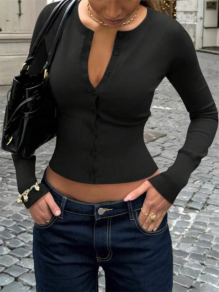 Tossy Casual Knit Cardigan Top For Women Long Sleeve Ribbed Patchwork Slim Elegant Loose Cropped Top Female Knitwear Cardigan