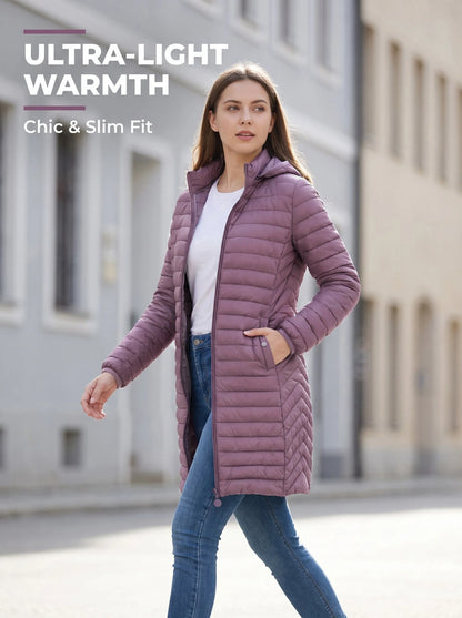 Ultralight Packable Puffer Coat for Women Long Warm Loose Solid Outwear with Detachable Hood