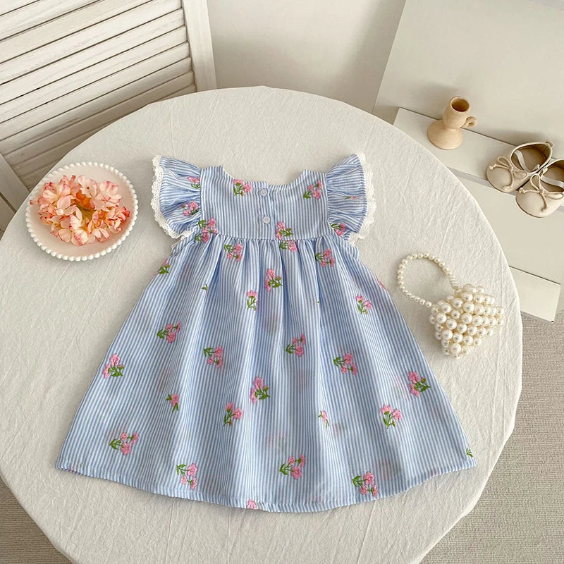 2026 New Summer 2-6Yrs Princess Round Neck Dress Striped Baby Girl Dress Flying Sleeve Cotton Embroidery Blue Sweet Dress