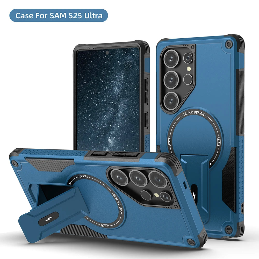Fold Stand Holder Magnetic Armor Case For Samsung S26 S25 Ultra S24 Plus A26 A16 A56 Wireless Charging Bracket Shockproof Cover