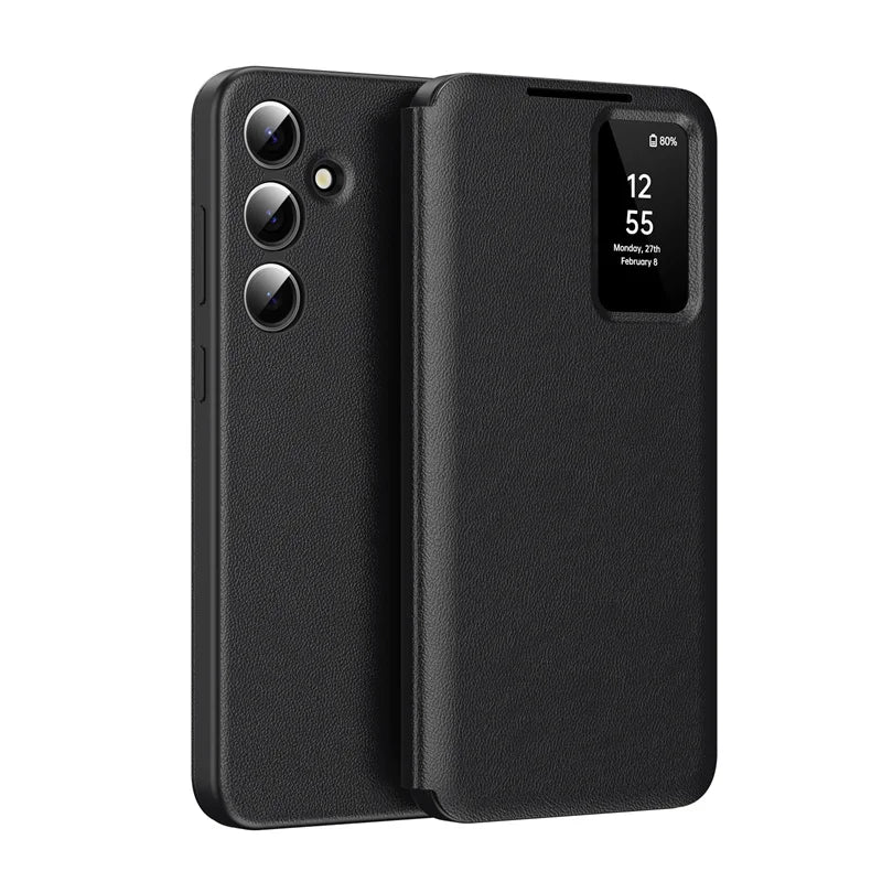 For Samsung Galaxy S25 S23 S24 S26 Ultra S25Plus Case Original PU Leather Card Pocke Flip Smart Display Transparent Window Cover