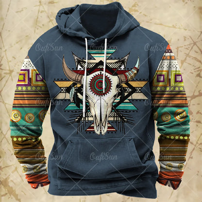 Men Hooded Vintage Print  Sweatshirt Ethnic Style Hoodie Autumn and Winter Oversized Casual Men's Clothing Daily Street Pullover