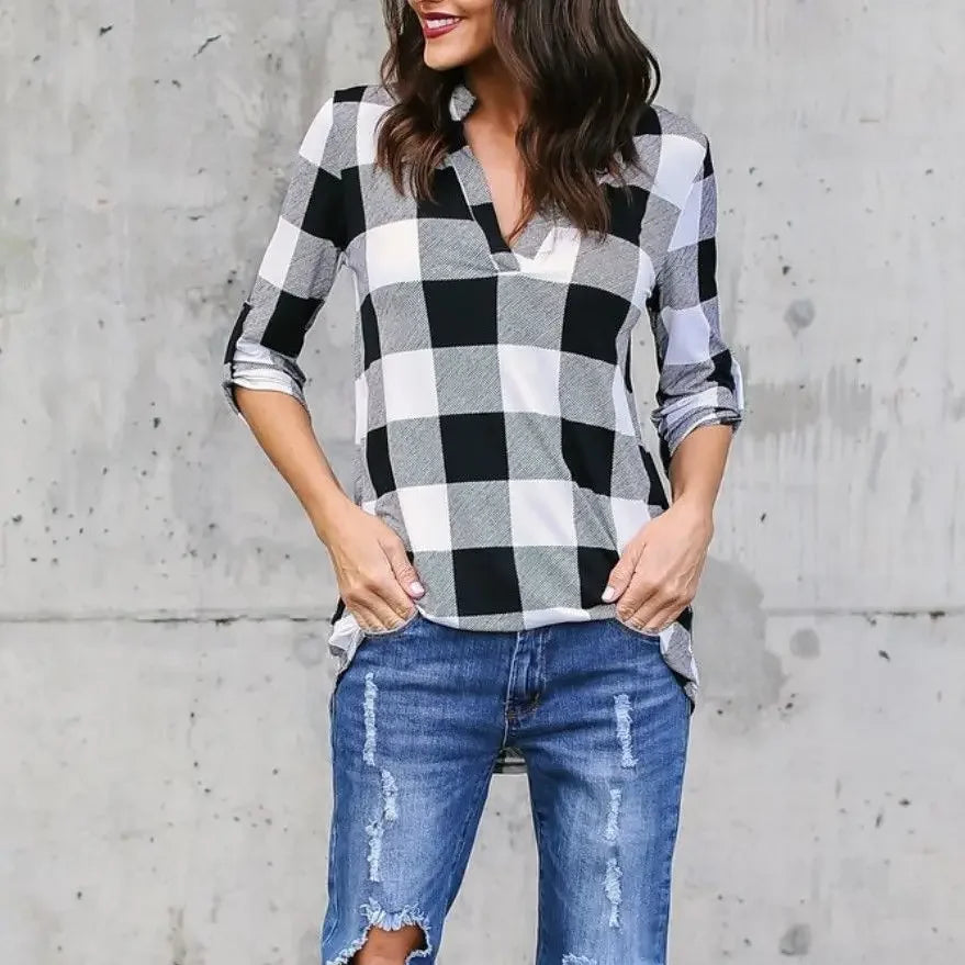 Fashion Plaid V-neck T-Shirt Woman Top Summer T Shirt Women Clothes  Ladies Tops Casual Beach Sun Blusas