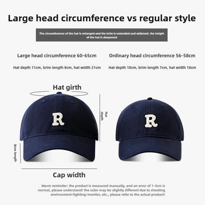 2025 Large Head Circumference Baseball Cap Men's /Women's Dome Hat Soft Top Cap 60/65cm Sun Protection  Letter R Hat Adult Caps