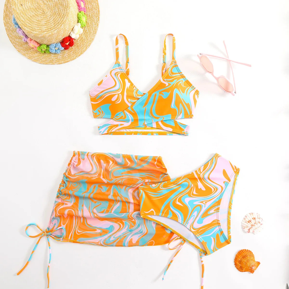 3pcs Swimming Suit for Girls Summer Beach Dress Swimsuit Tie-dye Printed Skirted Bikini Set Kids Bathing Suit