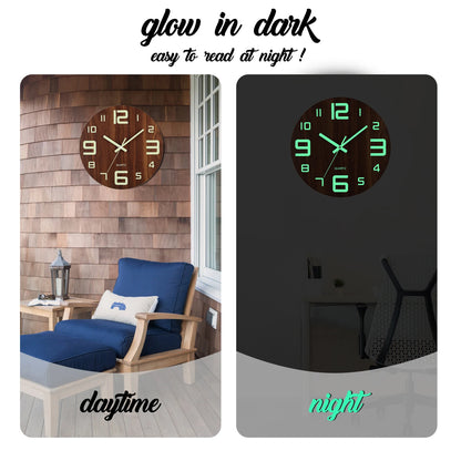 Luminous 12 Inch Silent Wall Clock - Nordic Wood Design with Night Light