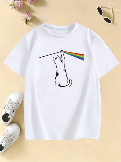 Fashion Rainbow Cat Design Printed T Shirts Kids Children's T-shirt Boys Girls Summer Spring Casual Top Tee