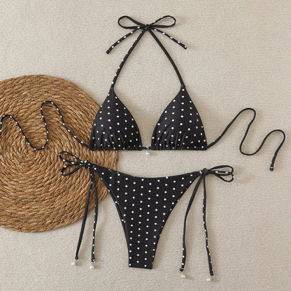 Micro Bikinis Set - Women's Swimwear Dot Print Halter Neck Lace Up Bikini
