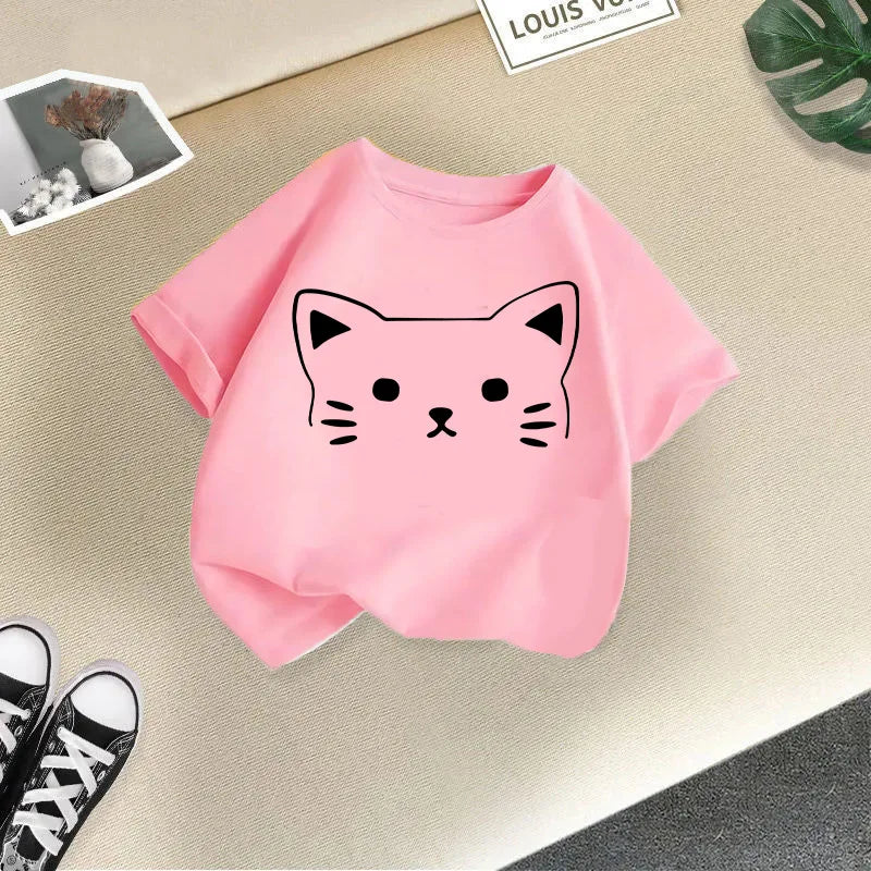 Summer New Cute Cat Animal Print Round Neck Short Sleeved Tee Shirt for Boys and Girls Fashionable and Simple Children's T-shirt