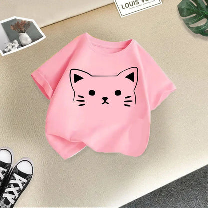 Summer New Cute Cat Animal Print Round Neck Short Sleeved Tee Shirt for Boys and Girls Fashionable and Simple Children's T-shirt