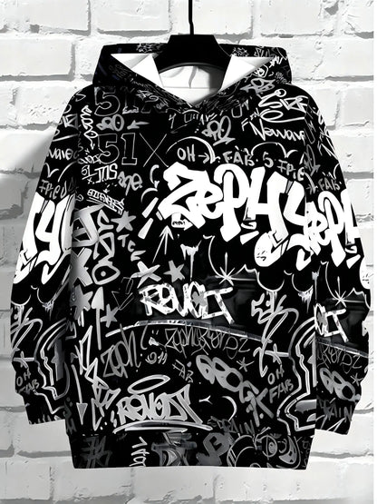 European and American Men's Autumn Gothic Letter Graffiti Print Soft and Comfortable Hooded Sweatshirt Outdoor Street Top