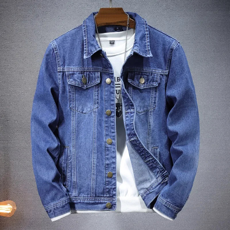 2025 New Men Pure Colour Denim Jacket Single-breasted Lapel Daily Casual Simple Coats