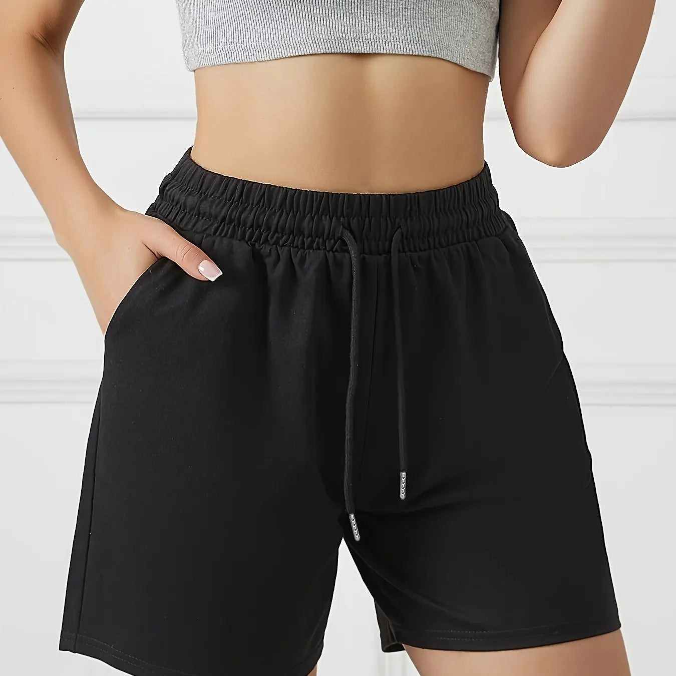 Ladies' Front Pocket Waist Drawstring Sports Pants for Casual Running and Exercise, Pure Cotton Shorts