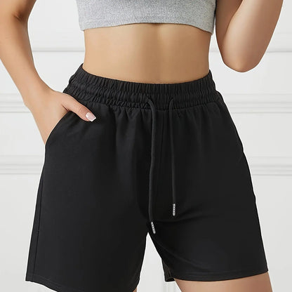 Ladies' Front Pocket Waist Drawstring Sports Pants for Casual Running and Exercise, Pure Cotton Shorts
