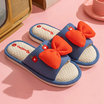 Ladies Summer Casual Linen Slippers Cartoon Multicolor Bow Girls Home Anti-Slip Slippers Simple Cute Slip-On Footwear