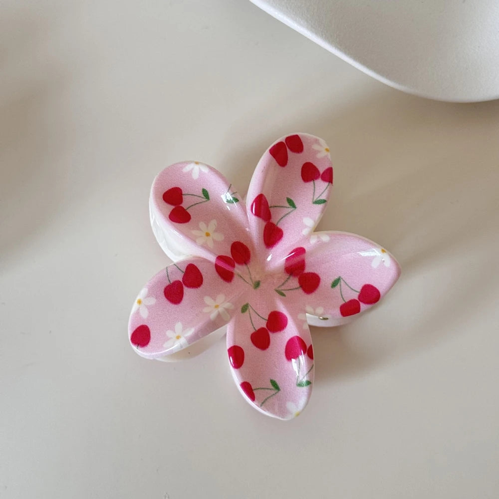 2026 New Trend Cute Flower Shape Hair Claw Set Sweet Cherry Print Hair Clips Hair Accessories For Women Girls Daily Summer Wear