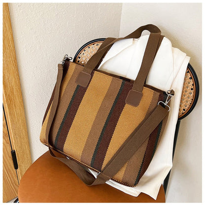 Striped Canvas Tote - Women's Crossbody Shoulder Bag With Zipper Closure, Versatile Daily Use