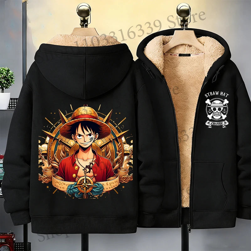 One Piece Man Thick Hooded Jacket Woman Winter Keep Warm Coat Anime Luffy Print Fleece Jacket Thermal Long Sleeve Hooded Clothes