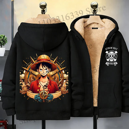 One Piece Man Thick Hooded Jacket Woman Winter Keep Warm Coat Anime Luffy Print Fleece Jacket Thermal Long Sleeve Hooded Clothes
