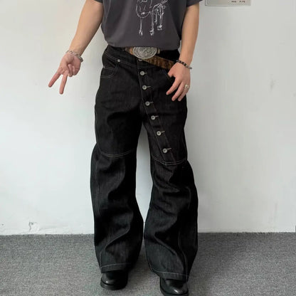 American Retro Long Row Button Design Men's Jeans High Street Loose Wide Leg Floor-Length Trousers Trendy Casual Jeans