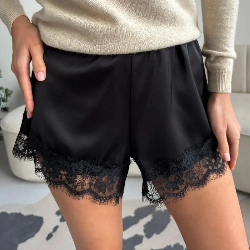 Women's Satin Sleep Shorts – Heart-Print Lace Lounge Shorts