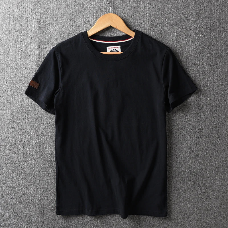 Summer New American Retro Short-sleeved O-neck Solid Color T-shirt Men's Fashion Simple 100% Cotton Washed Casual Sport Tops