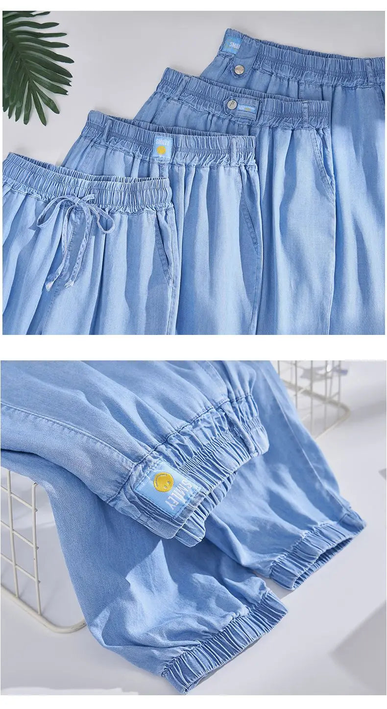 Plus Size Ice Silk Denim Pants Yoga Sports Thin Loose Style Women's Summer Casual Wide Leg Pants Harajuku Style Loose Waist