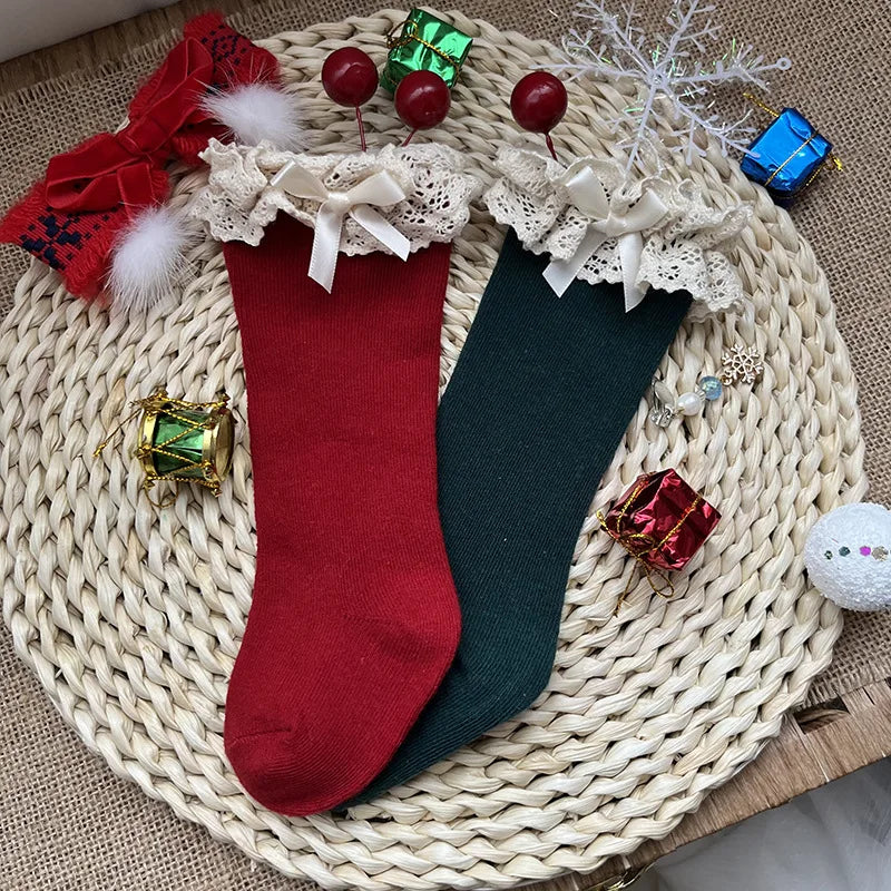 New Winter Autumn Baby Girls Knee High Socks Lace  Ruffle Long Sock Cotton Kids Toddlers Princess Christma Socken For 0-5Years