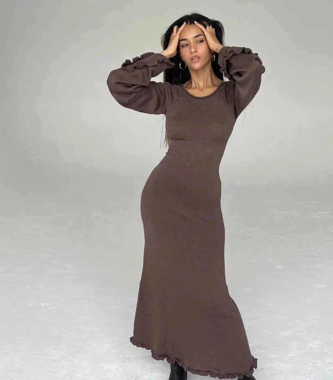 Elegant Knitted Maxi Dress - Backless Flare Sleeve Sweater Outfit for Women