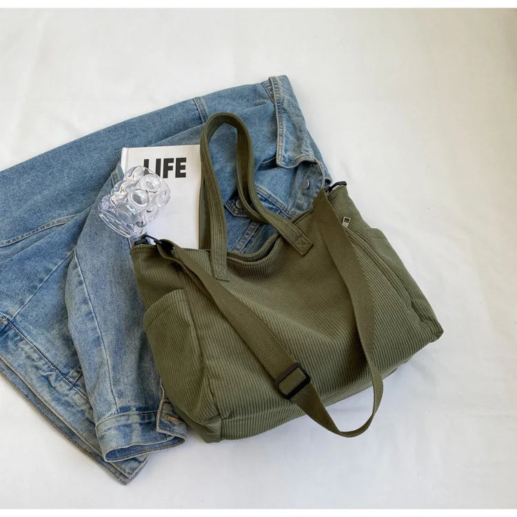 Corduroy Shoulder Bag - Large Capacity Crossbody Zipper Closure Purse