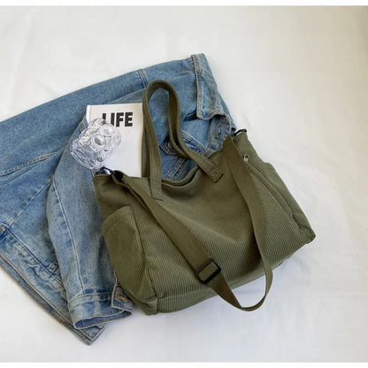 Corduroy Shoulder Bag - Large Capacity Crossbody Zipper Closure Purse
