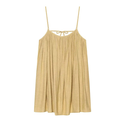 TFMLN Women Round Neck Pleated Sling Dresses Summer New Sleeveless Loose Fit Backless Solid Dress Fashion Holiday Casual Clothes