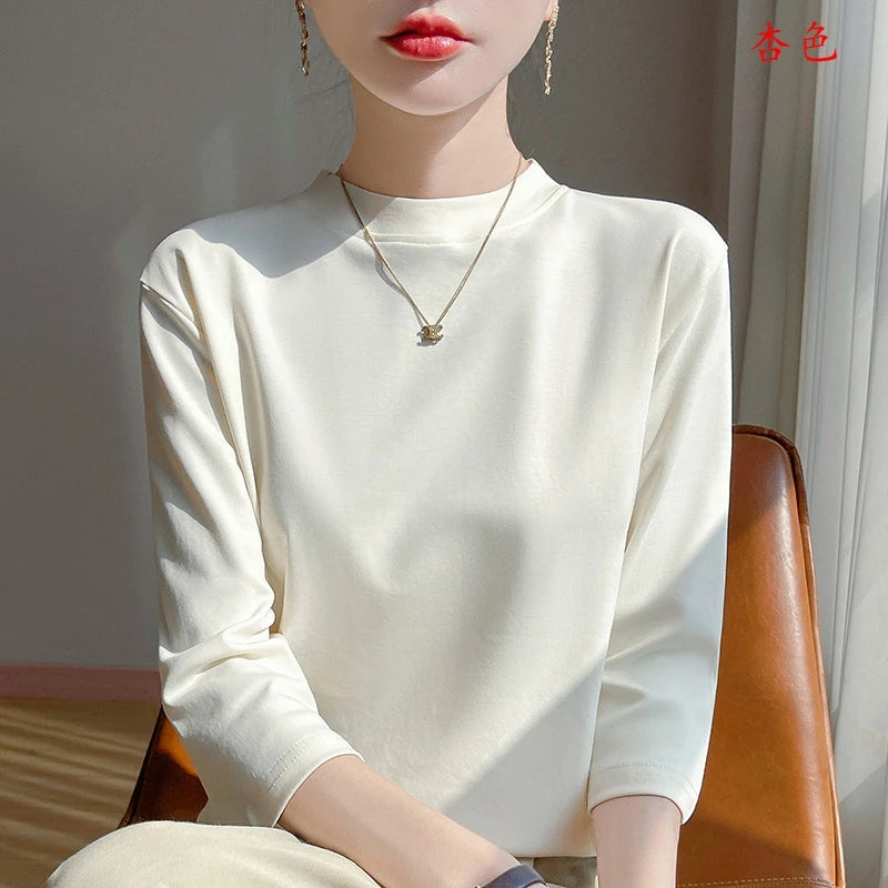 Cotton Cropped T-Shirt - Women's Semi-High Neck Loose Fit Three Quarter Sleeve Top