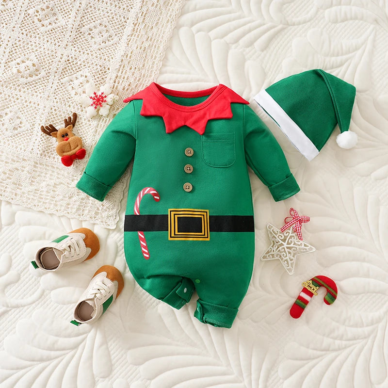 Baby Romper Cotton - Newborn Unisex Velvet Santa Elk Long Sleeve 0-18 Months