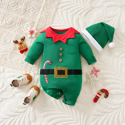 Baby Romper Cotton - Newborn Unisex Velvet Santa Elk Long Sleeve 0-18 Months