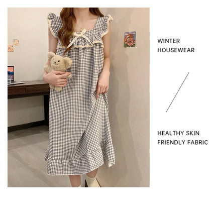 Women Korean Sweet Plaid Bow Design Nightgown with Straps Sleep Dress Cute Summer New Loungewear Y2K Nightgown with Built-in Bra