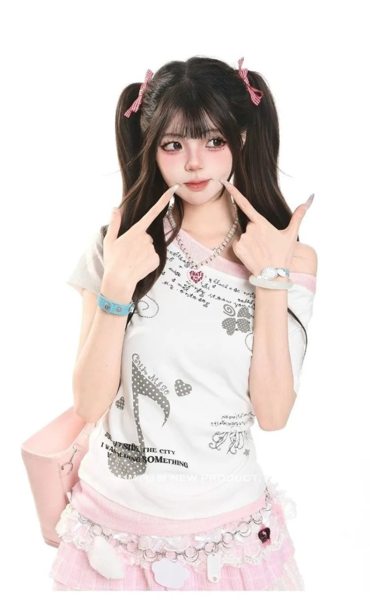 Kimutomo Women T Shirts Polka Dot Printed Short Sleeve Slim Grunge Gothic Y2k Aesthetic Harajuku Tops Ladies Fashion Casual Tee