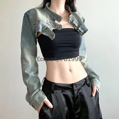 Women Fashion Denim Jacket Y2K Aesthetic Vintage Sexy Crop Tops Coat Japanese Harajuku Streetwear Female Spring Summer Outerwear