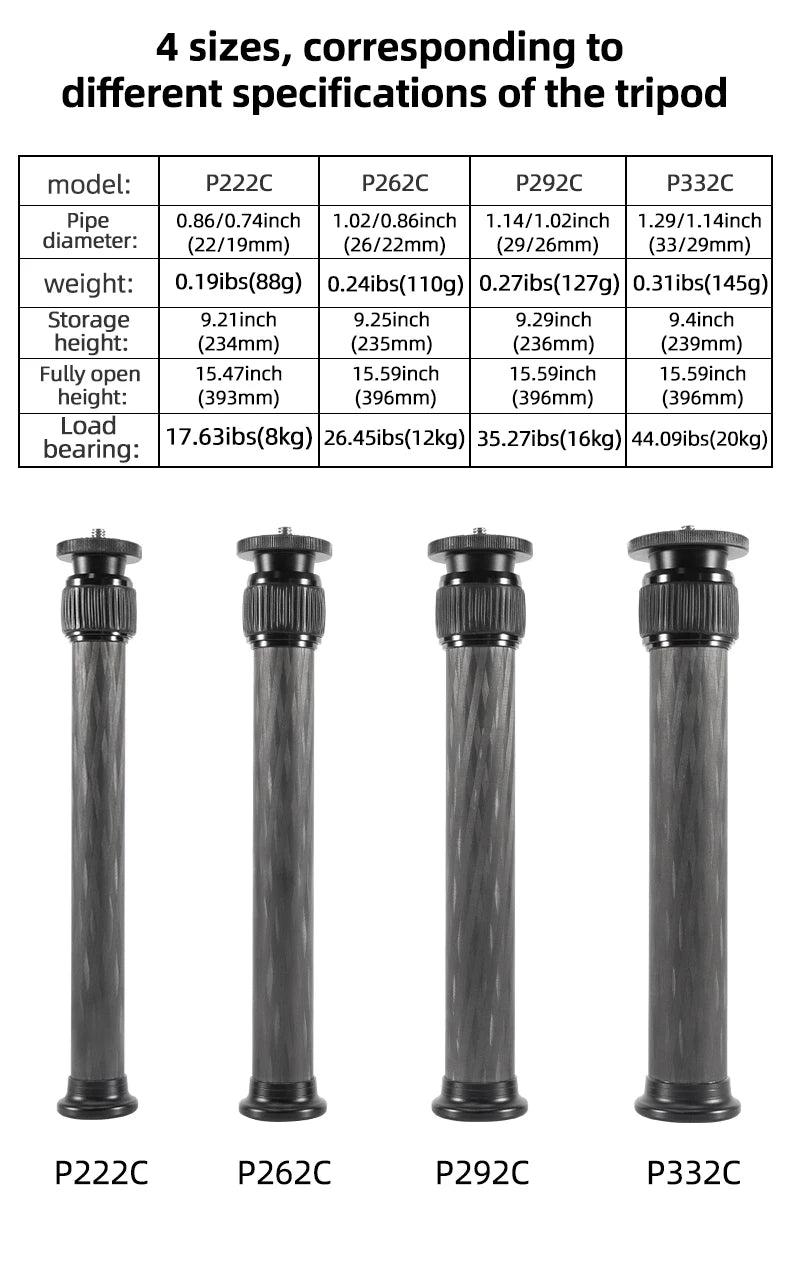 Selfie Stick With 1/4 or 3/8 Screw Tripod Carbon Fiber Central Axis Extension Rod Adjustable Extension Rod for DSLR Cameras