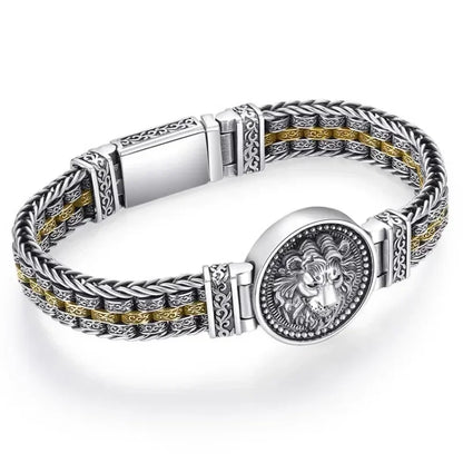 New Silver Color Round Lion King Tangcao Charm Bracelet Men's Trendy Retro Domineering Versatile Personalized Braided Jewelry