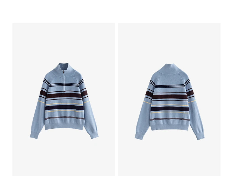 TOYOUTH Women Knitted Sweater 2026 Autumn New Fashionable Style Striped Zipper High Collar Woolen Pullover Sweater Tops