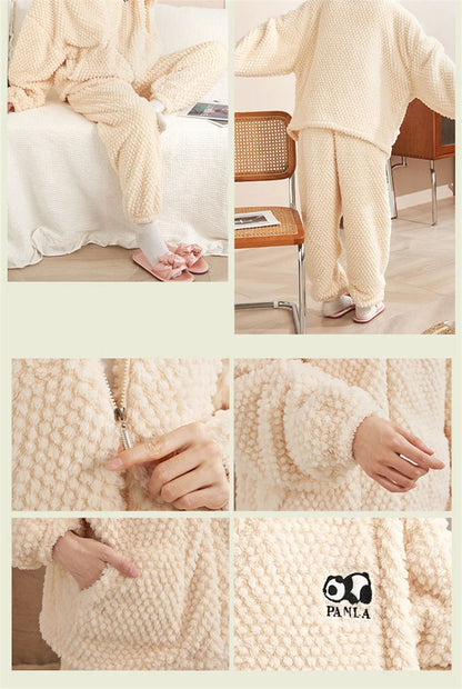 Autumn Winter Women's Sleepwear Flannel Pajamas Set Thick Fleece Nightwear Sets Warm Home Suits Hoodie Plus Pants