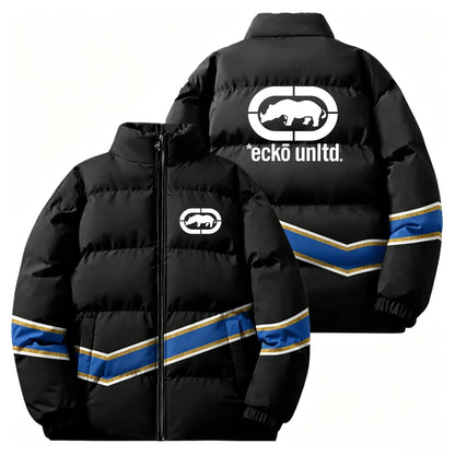 Winter Men Thick Padded Down Jacket Ecko Unltd Rhino Print Stand‑collar Zip Coat Hip‑hop Street Style Loose Warm Outerwear For D