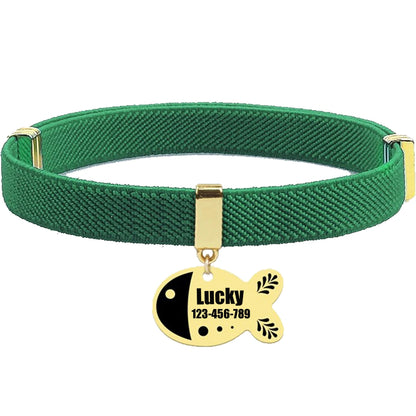 Free Customized Cat Collar Cute Fish Metal Necklace Pet ID Name Tag Personalized GPS Tracker Kitten Dog Breakaway Elastic Collar
